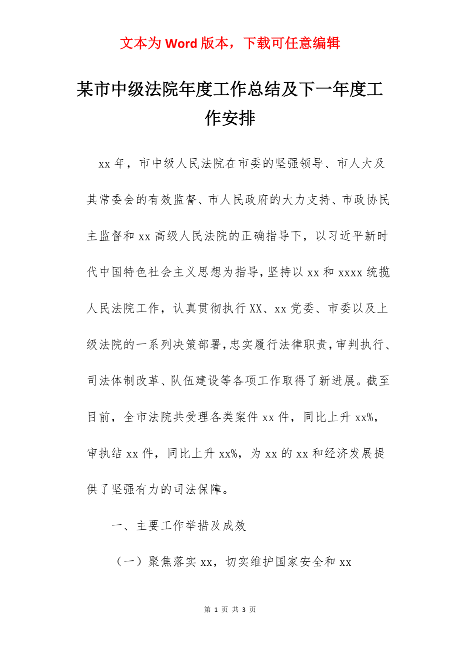 某市中级法院年度工作总结及下一年度工作安排.docx_第1页