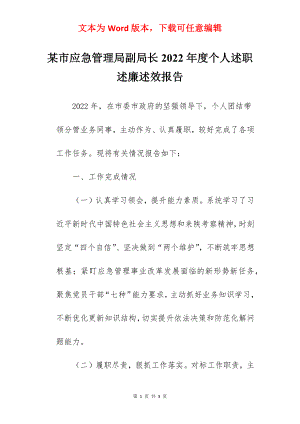 某市应急管理局副局长2022年度个人述职述廉述效报告.docx