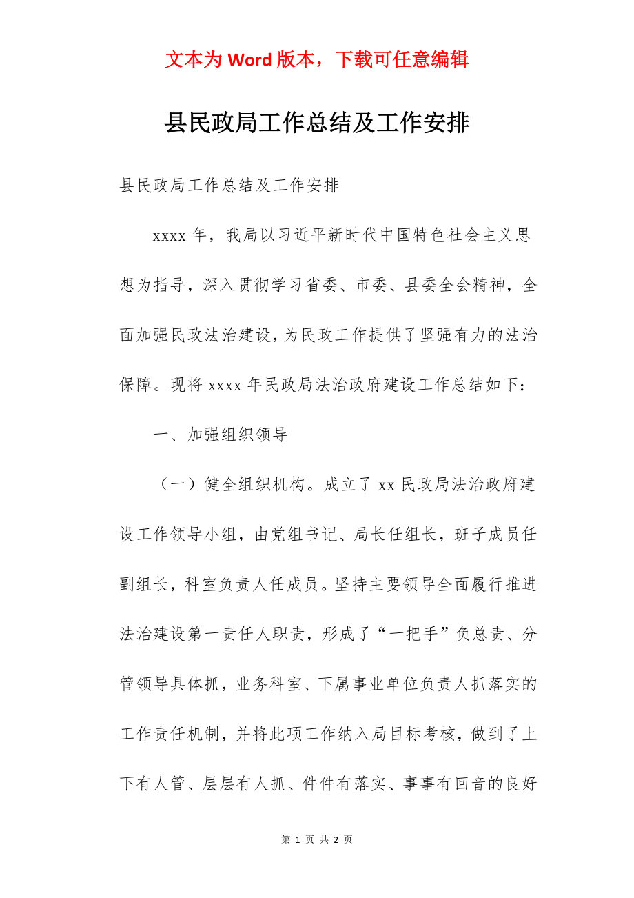 县民政局工作总结及工作安排.docx_第1页