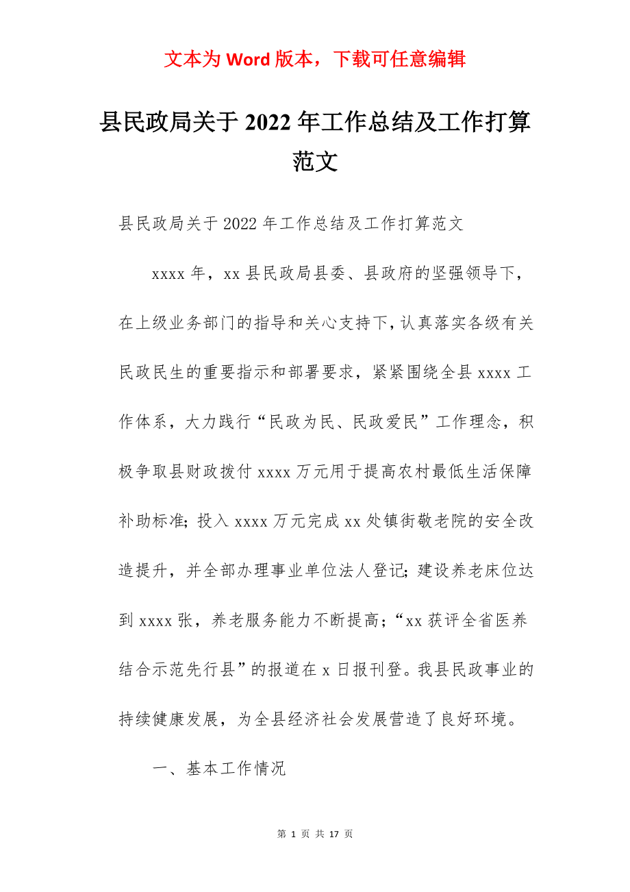 县民政局关于2022年工作总结及工作打算范文.docx_第1页