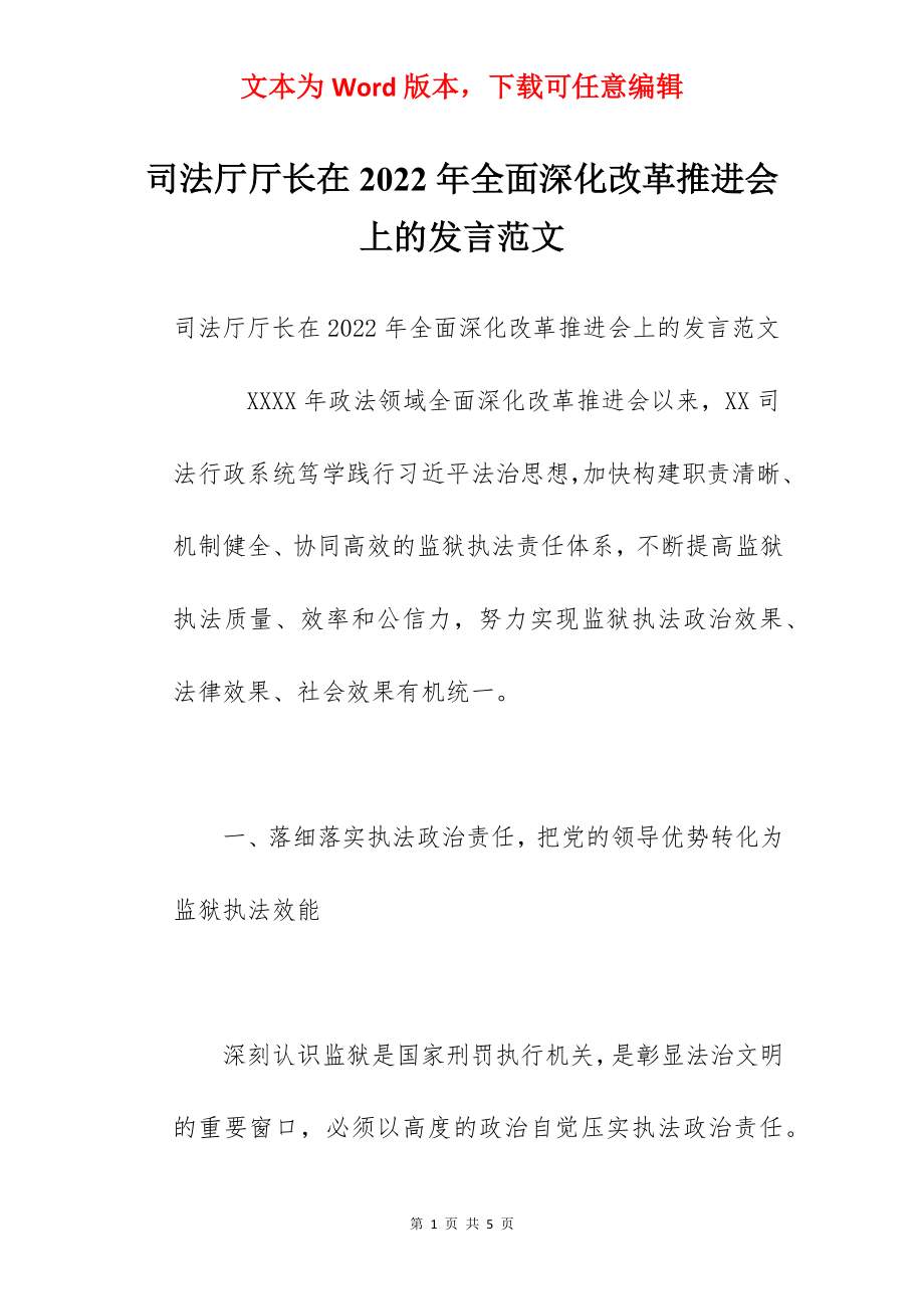 司法厅厅长在2022年全面深化改革推进会上的发言范文.docx_第1页