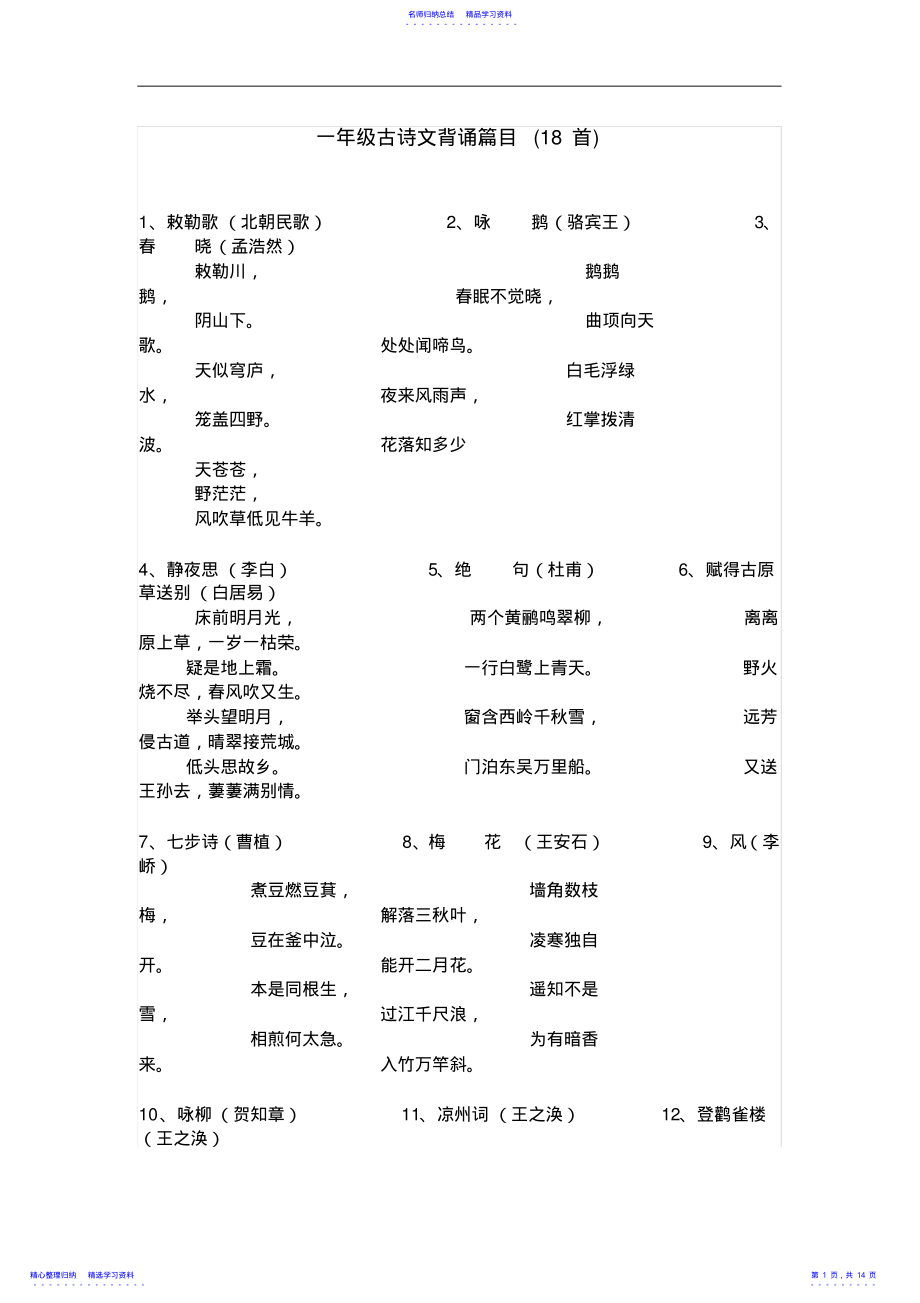 2022年一至六年级古诗文背诵篇目 .pdf_第1页