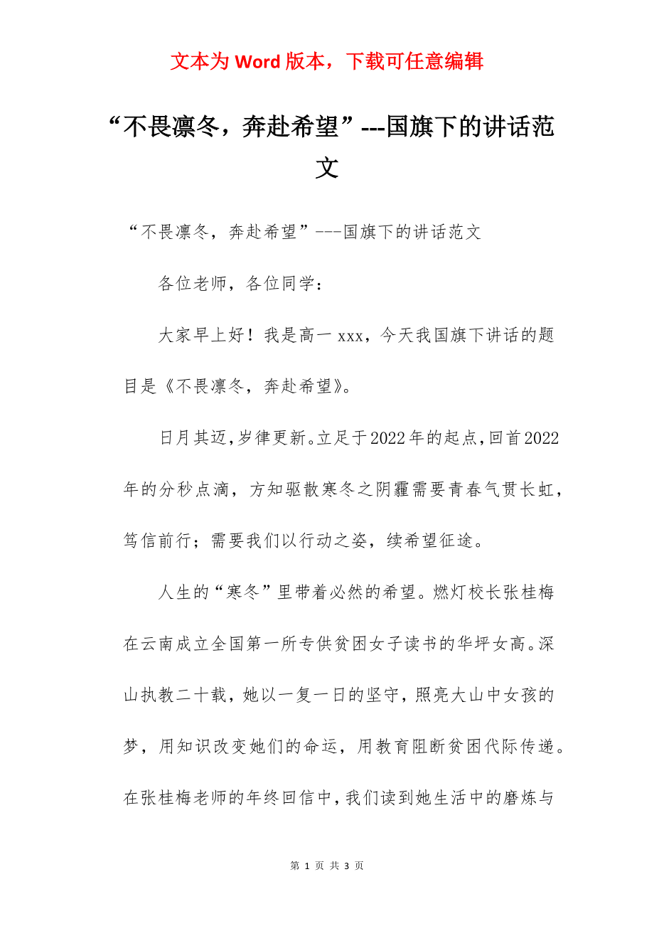 “不畏凛冬奔赴希望”---国旗下的讲话范文.docx_第1页