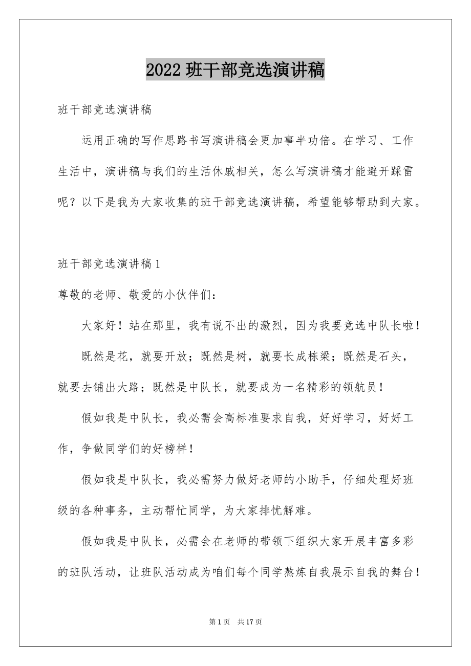 2022班干部竞选演讲稿精选5.docx_第1页