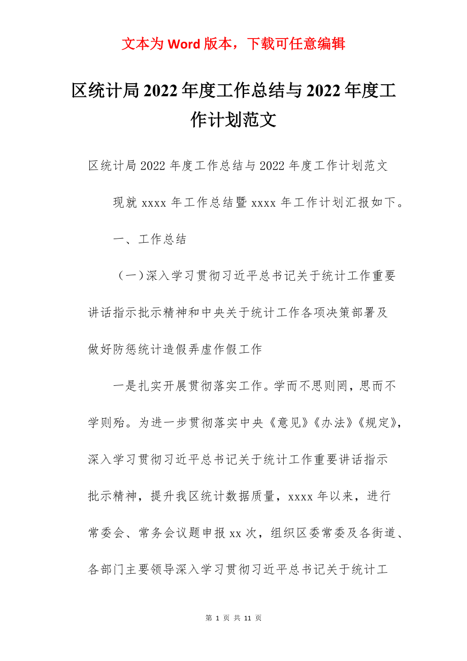 区统计局2022年度工作总结与2022年度工作计划范文.docx_第1页