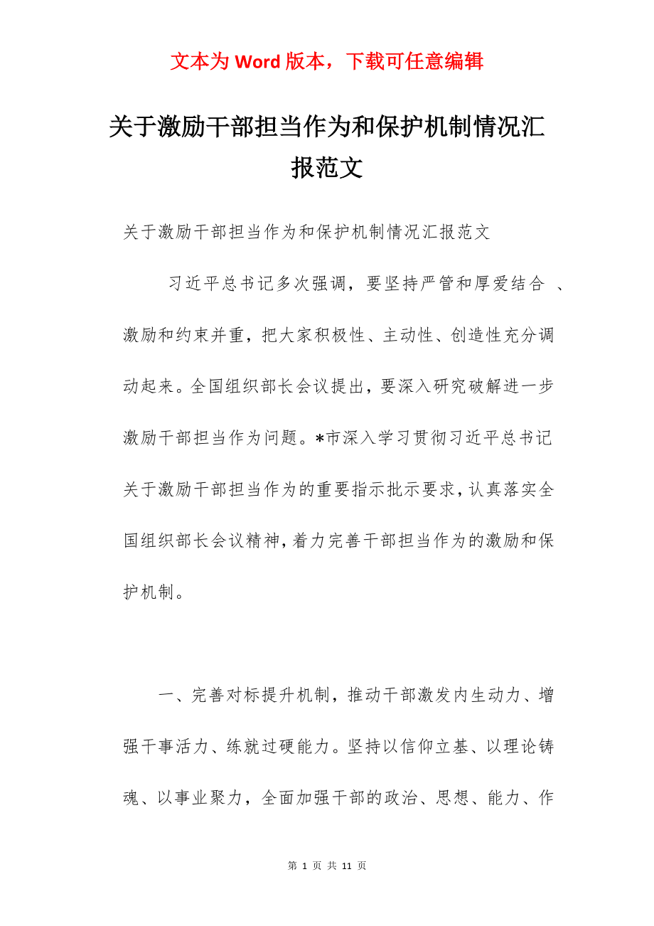 关于激励干部担当作为和保护机制情况汇报范文.docx_第1页