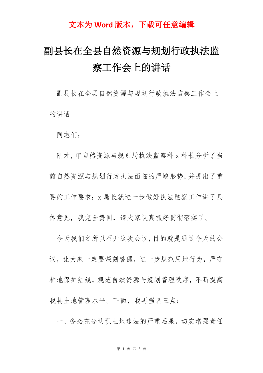 副县长在全县自然资源与规划行政执法监察工作会上的讲话.docx_第1页