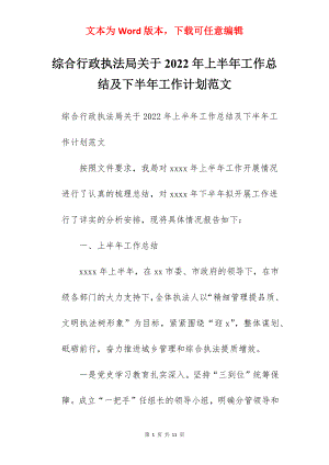 综合行政执法局关于2022年上半年工作总结及下半年工作计划范文.docx