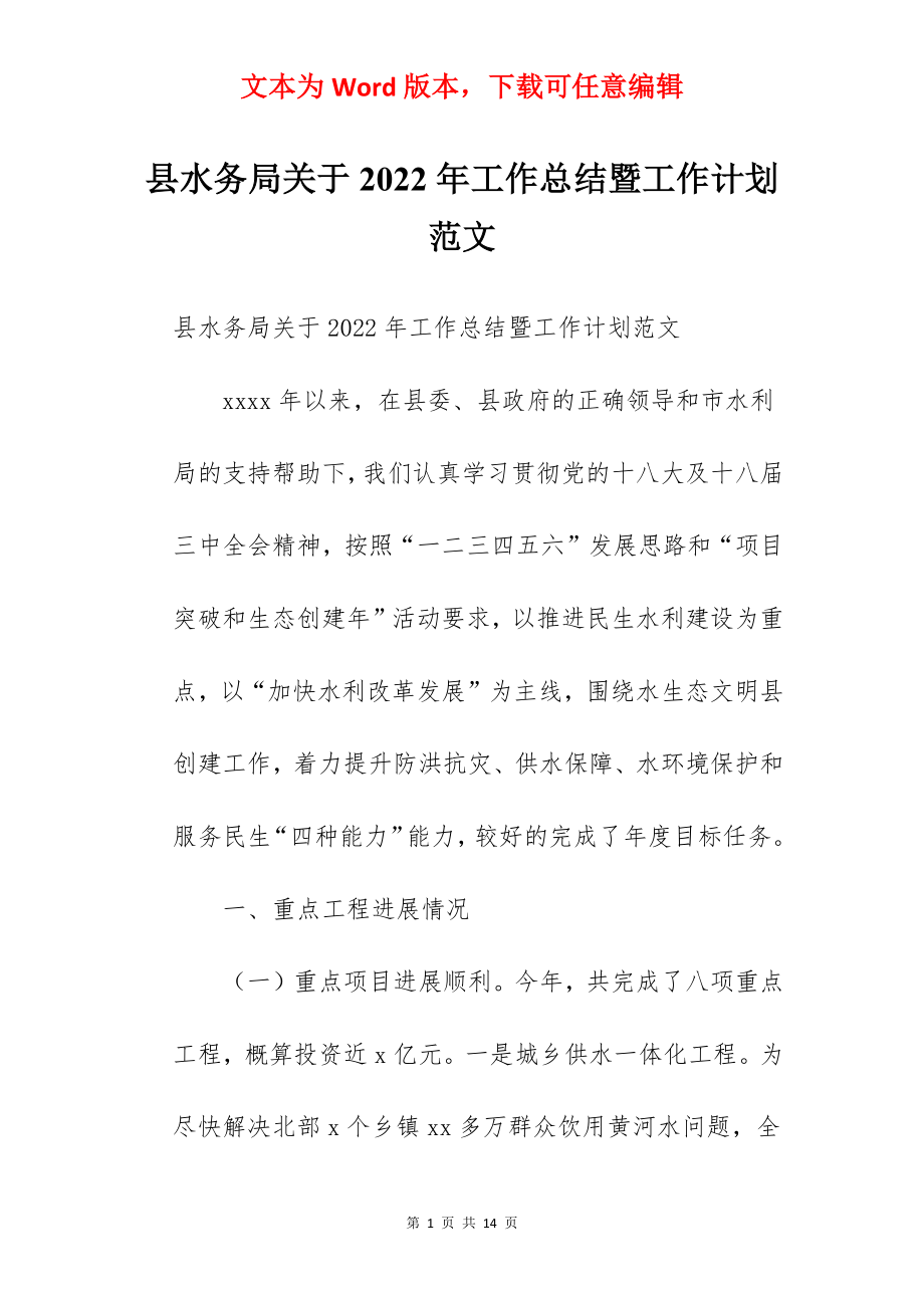 县水务局关于2022年工作总结暨工作计划范文.docx_第1页