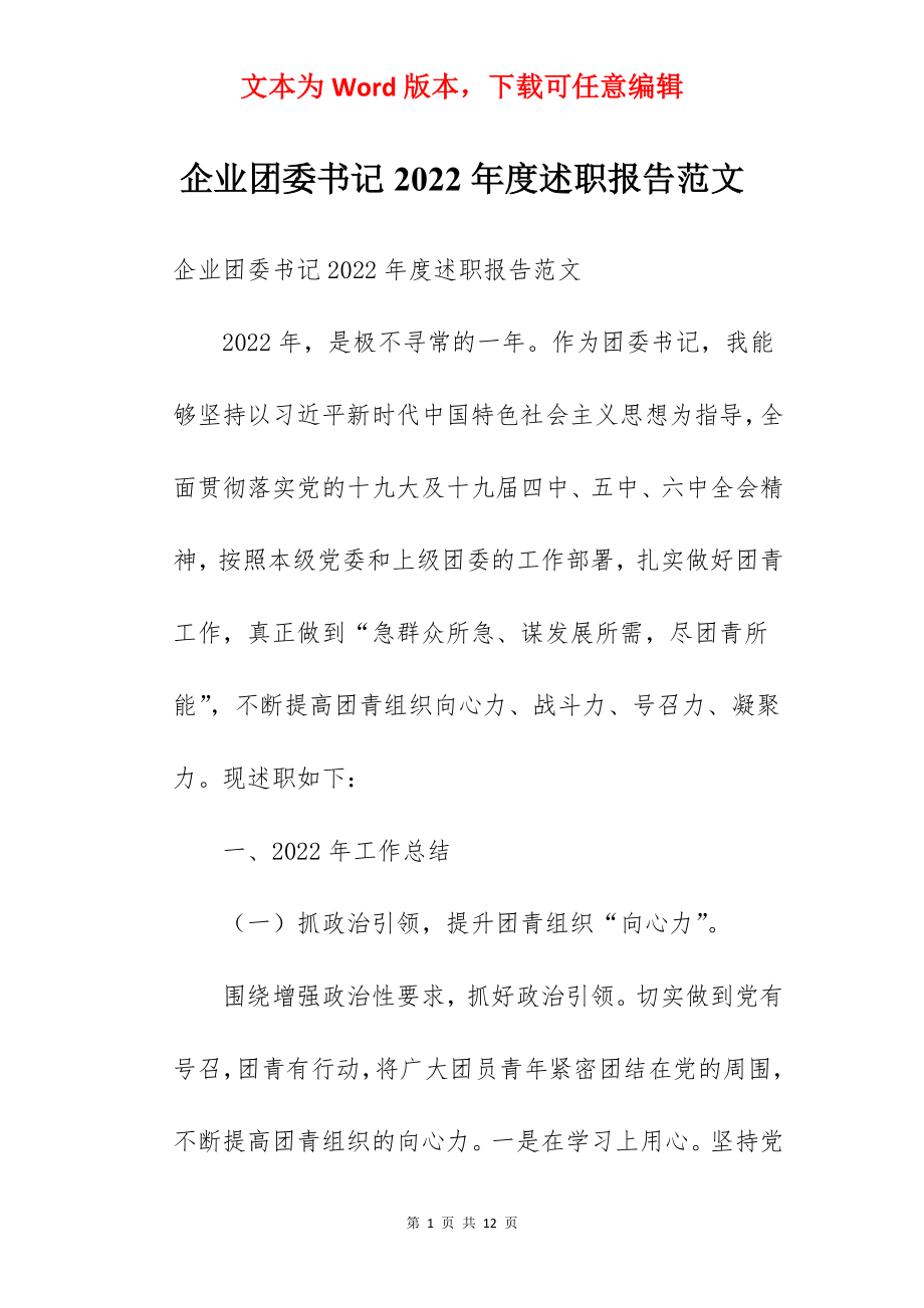 企业团委书记2022年度述职报告范文.docx_第1页