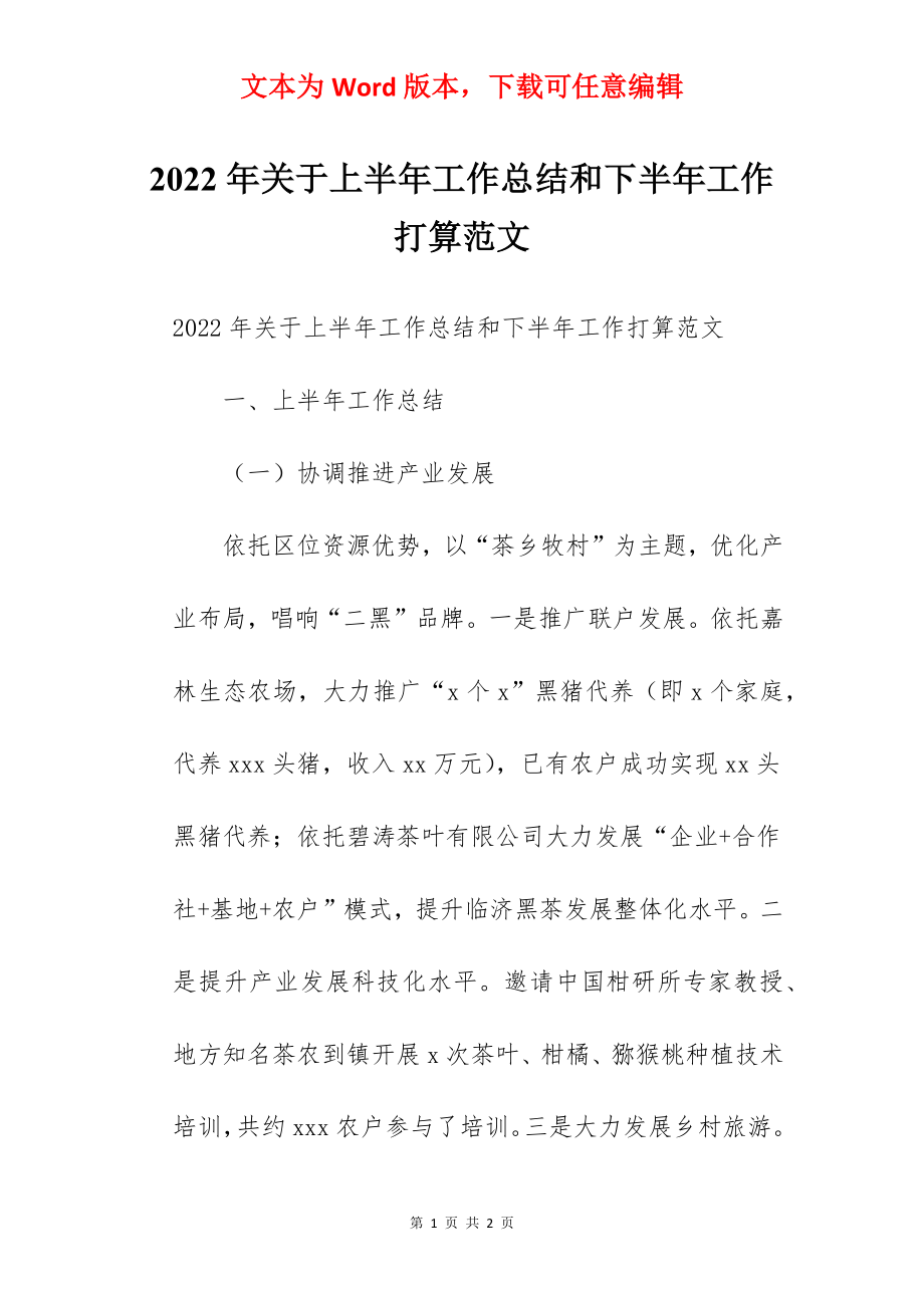 2022年关于上半年工作总结和下半年工作打算范文.docx_第1页