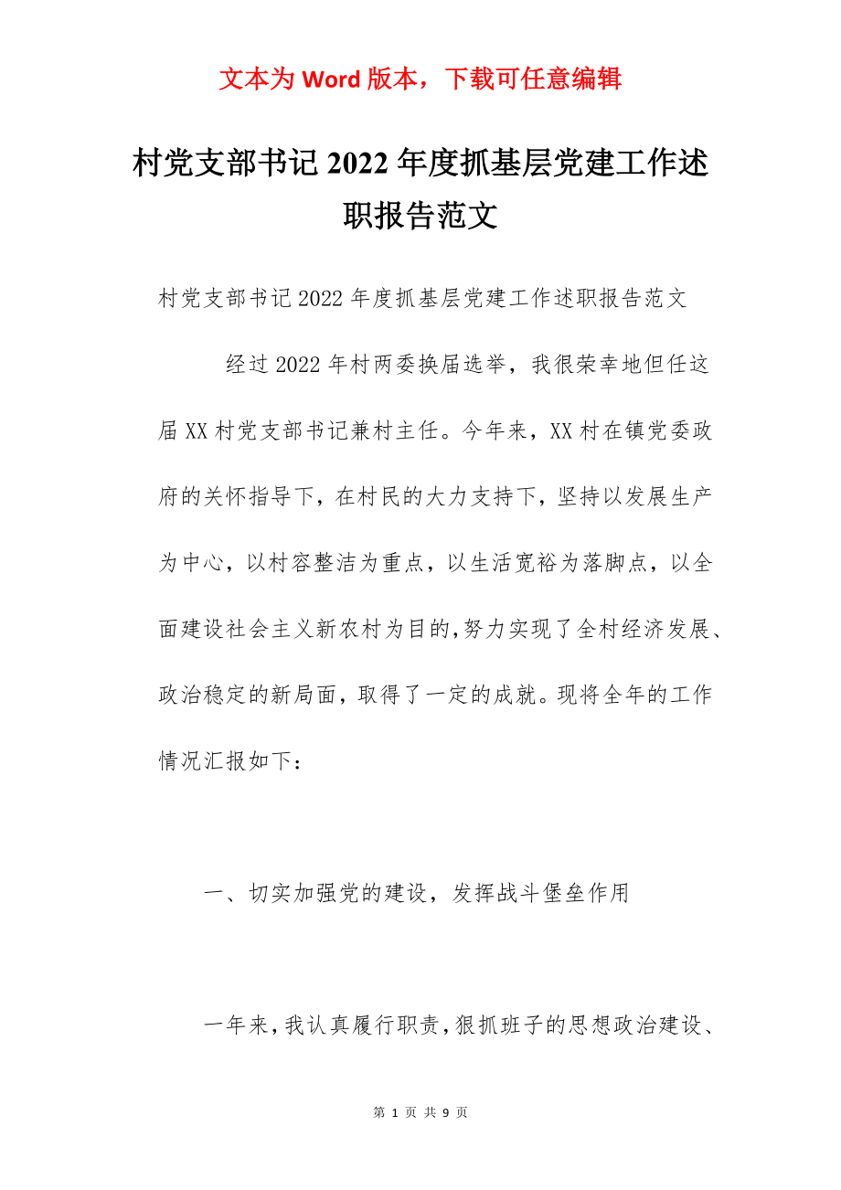 村党支部书记2022年度抓基层党建工作述职报告范文.docx_第1页