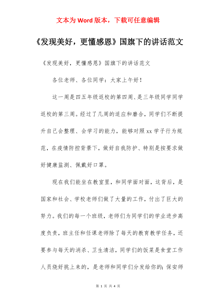 《发现美好更懂感恩》国旗下的讲话范文.docx_第1页