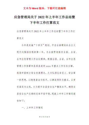 应急管理局关于2022年上半年工作总结暨下半年工作打算范文.docx