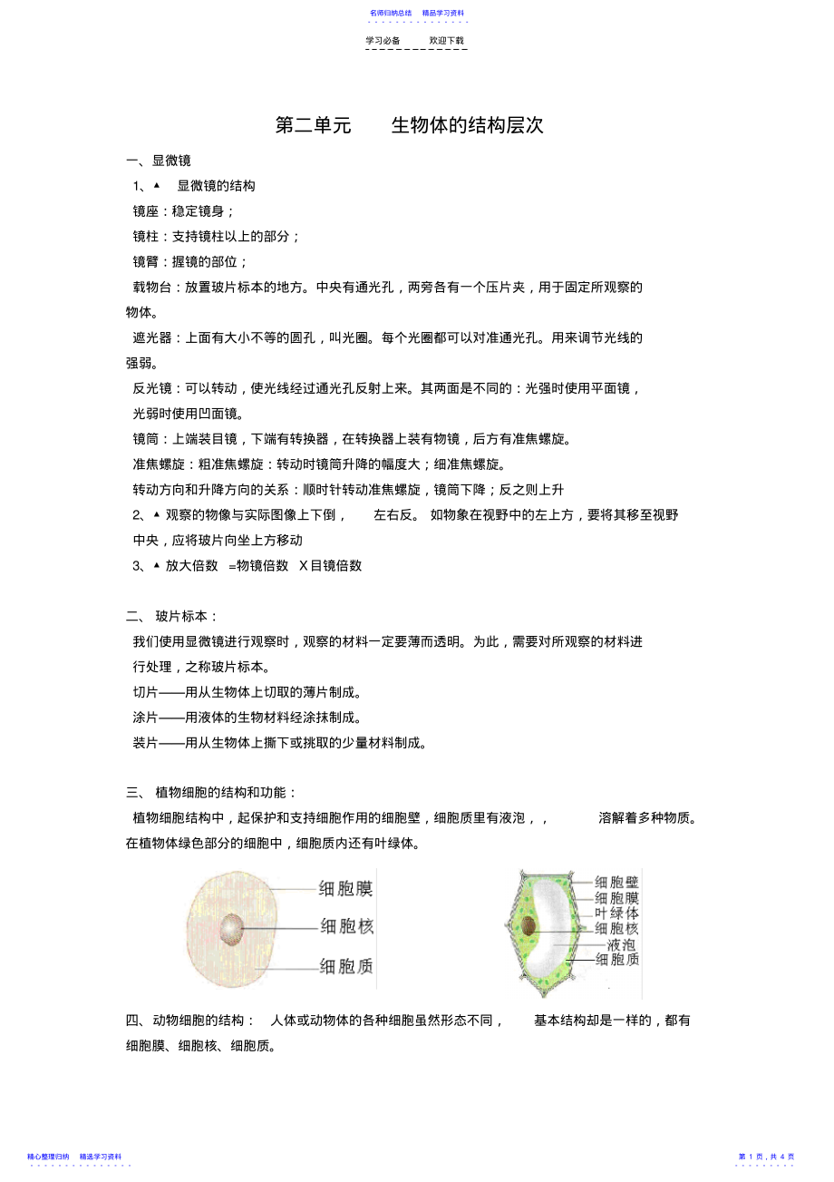 2022年七年级生物上册第二单元生物体的结构层次知识点汇总 2.pdf_第1页