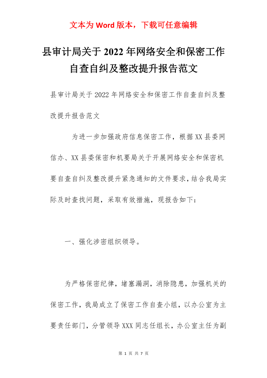 县审计局关于2022年网络安全和保密工作自查自纠及整改提升报告范文.docx_第1页