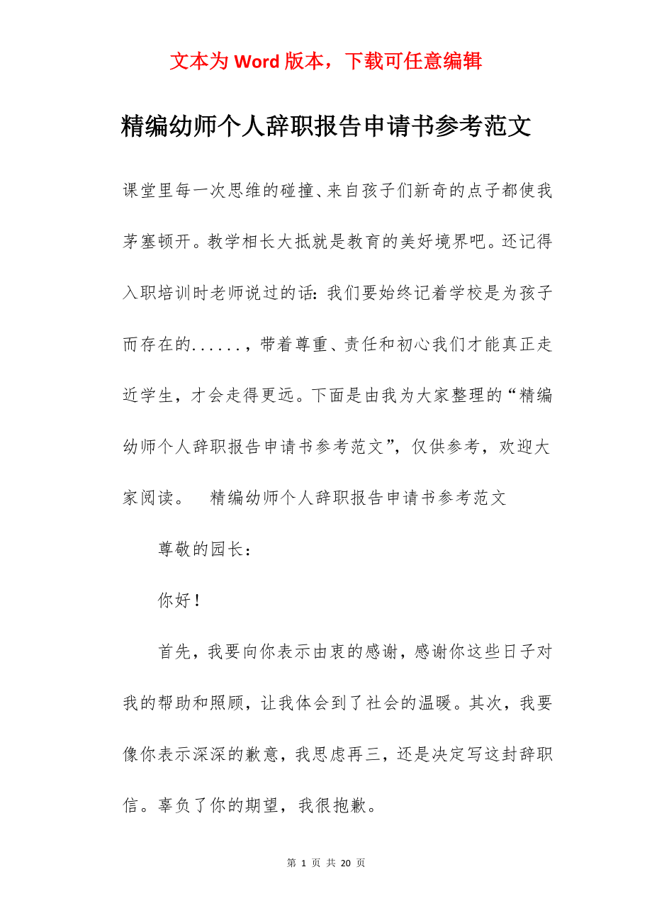 精编幼师个人辞职报告申请书参考范文.docx_第1页