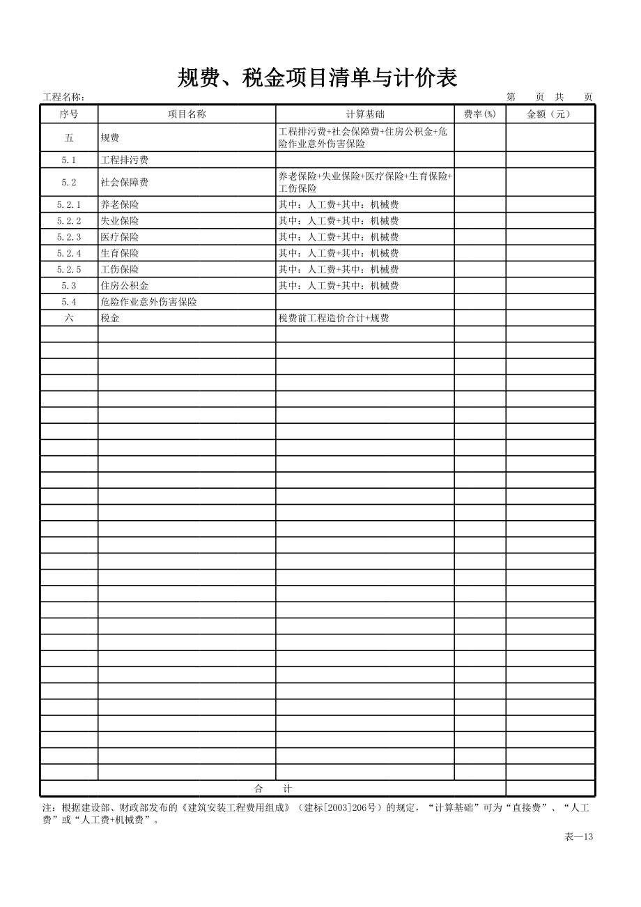 房地产工程建筑成本管理 工程项目成本控制必备知识 竣工结算表格模板 表—13 规费、税金项目清单与计价表.xls_第1页