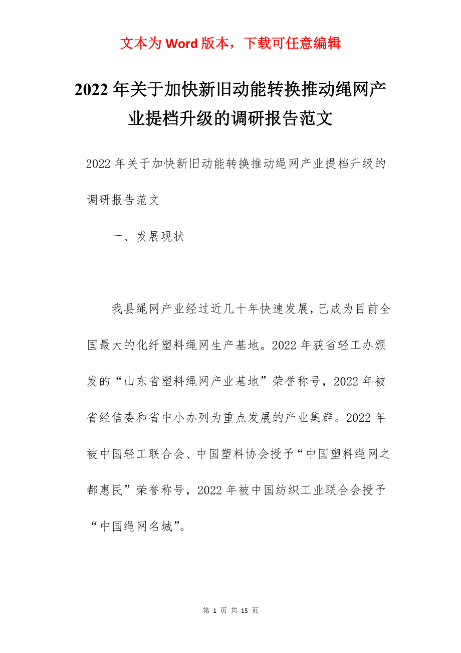 2022年关于加快新旧动能转换推动绳网产业提档升级的调研报告范文.docx_第1页