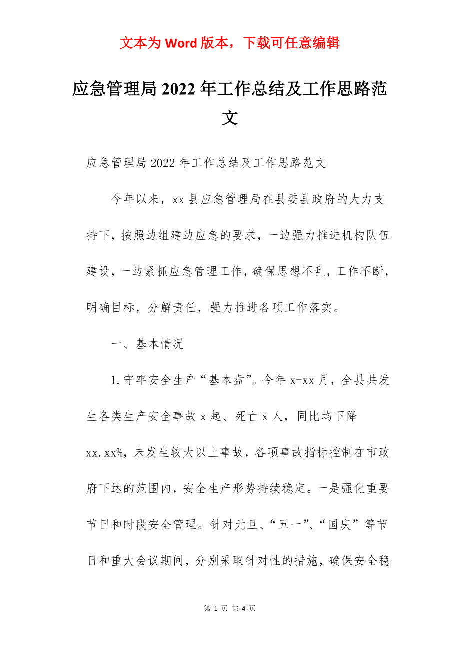 应急管理局2022年工作总结及工作思路范文.docx_第1页