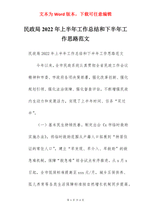 民政局2022年上半年工作总结和下半年工作思路范文.docx