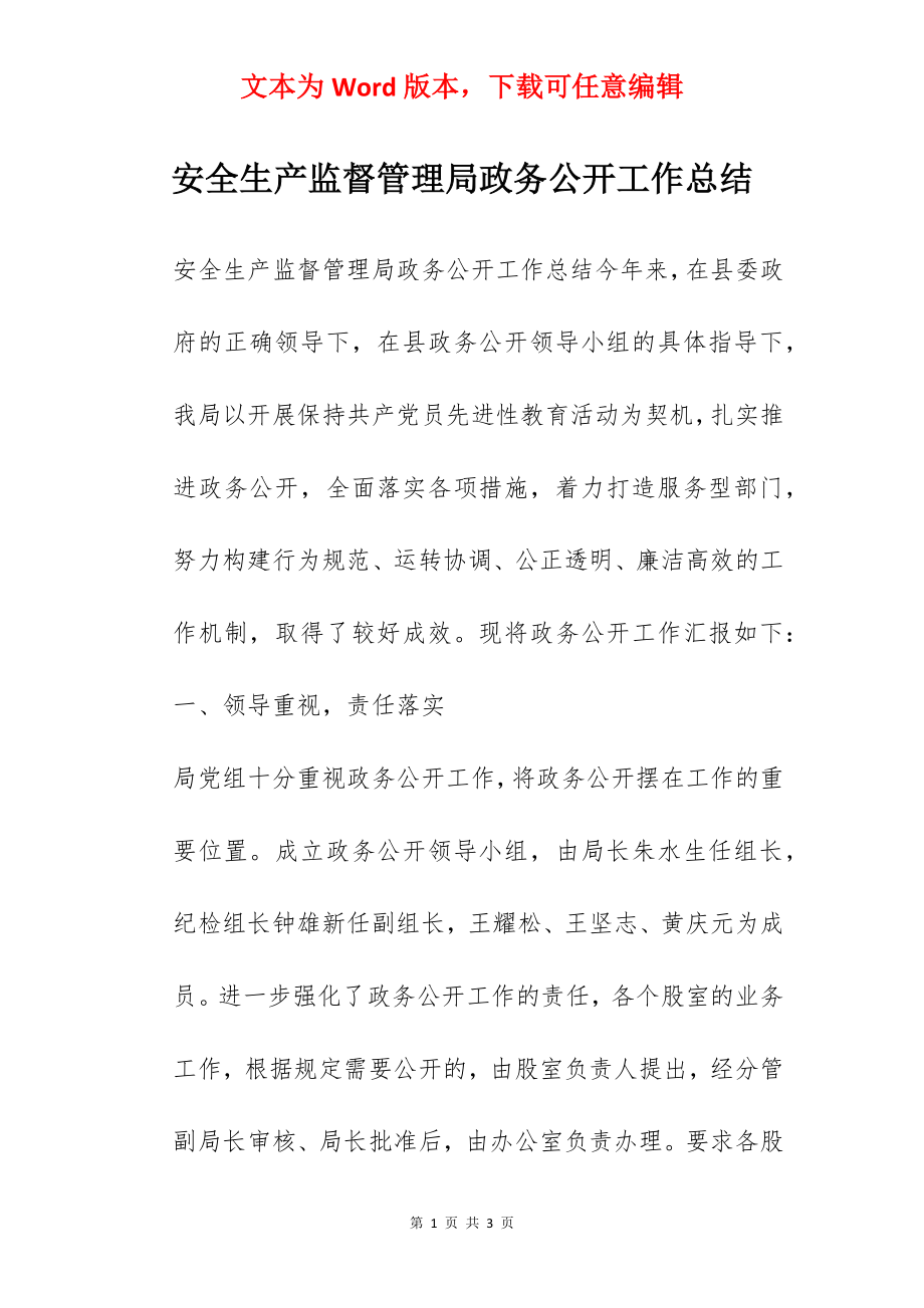 安全生产监督管理局政务公开工作总结.docx_第1页