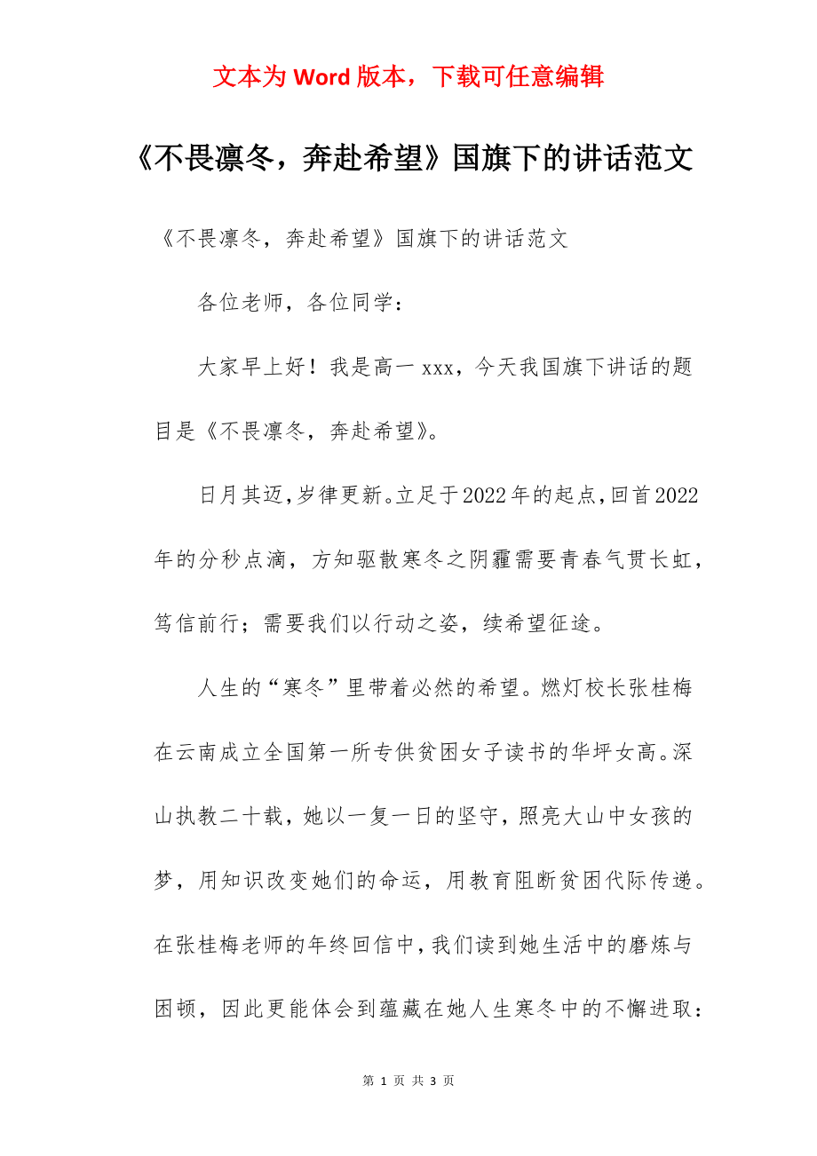 《不畏凛冬奔赴希望》国旗下的讲话范文.docx_第1页