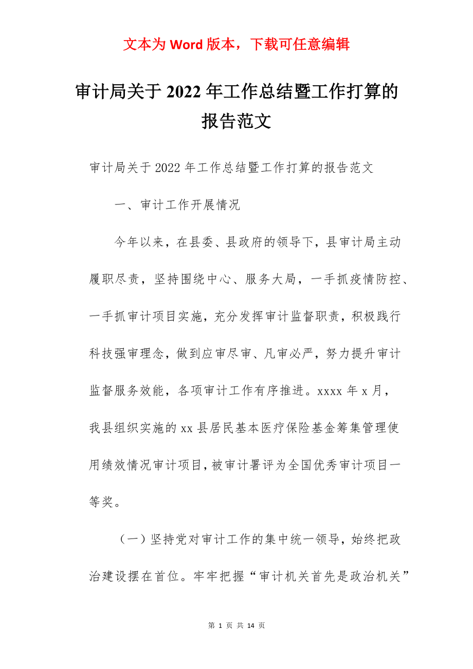 审计局关于2022年工作总结暨工作打算的报告范文.docx_第1页