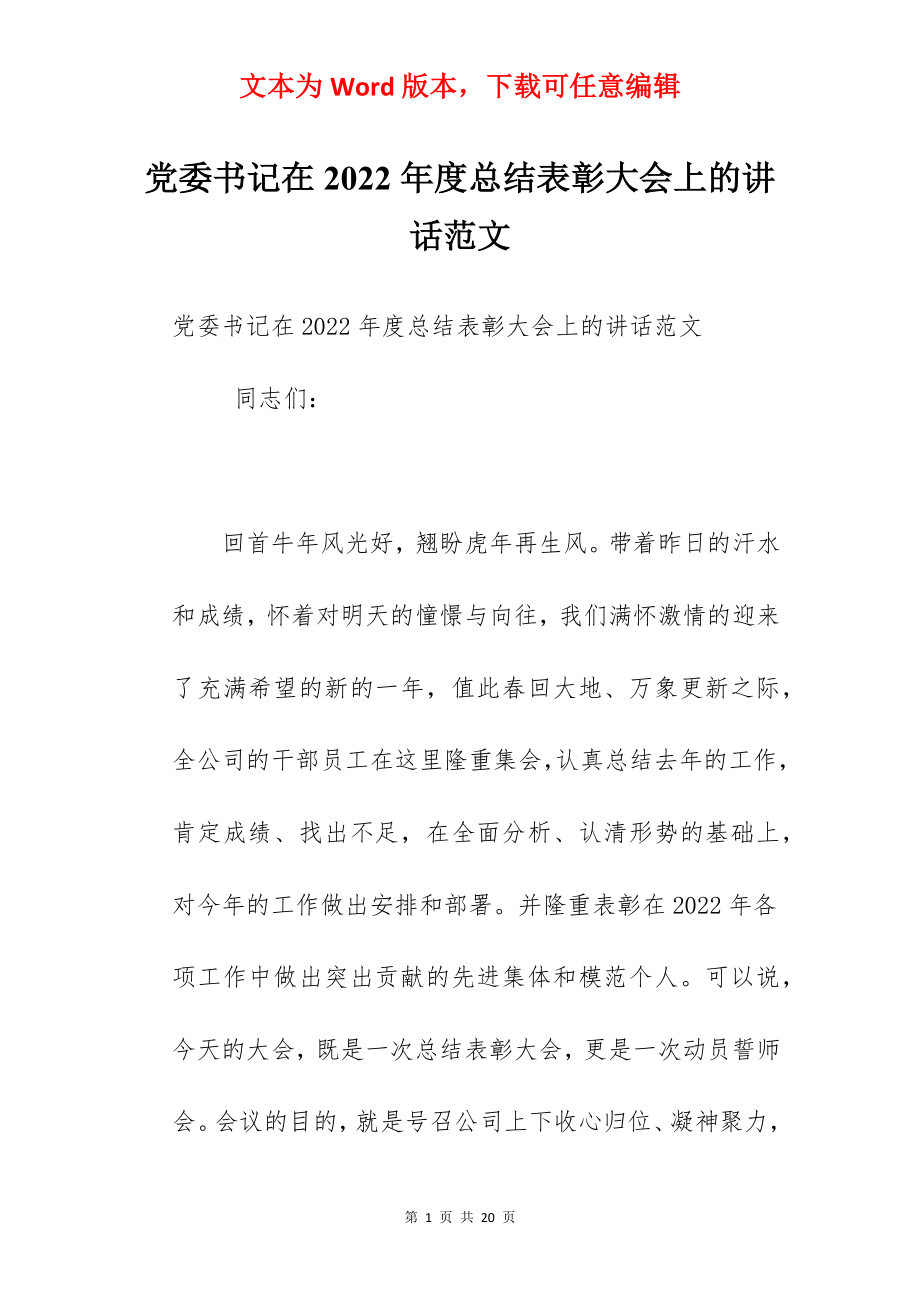 党委书记在2022年度总结表彰大会上的讲话范文.docx_第1页