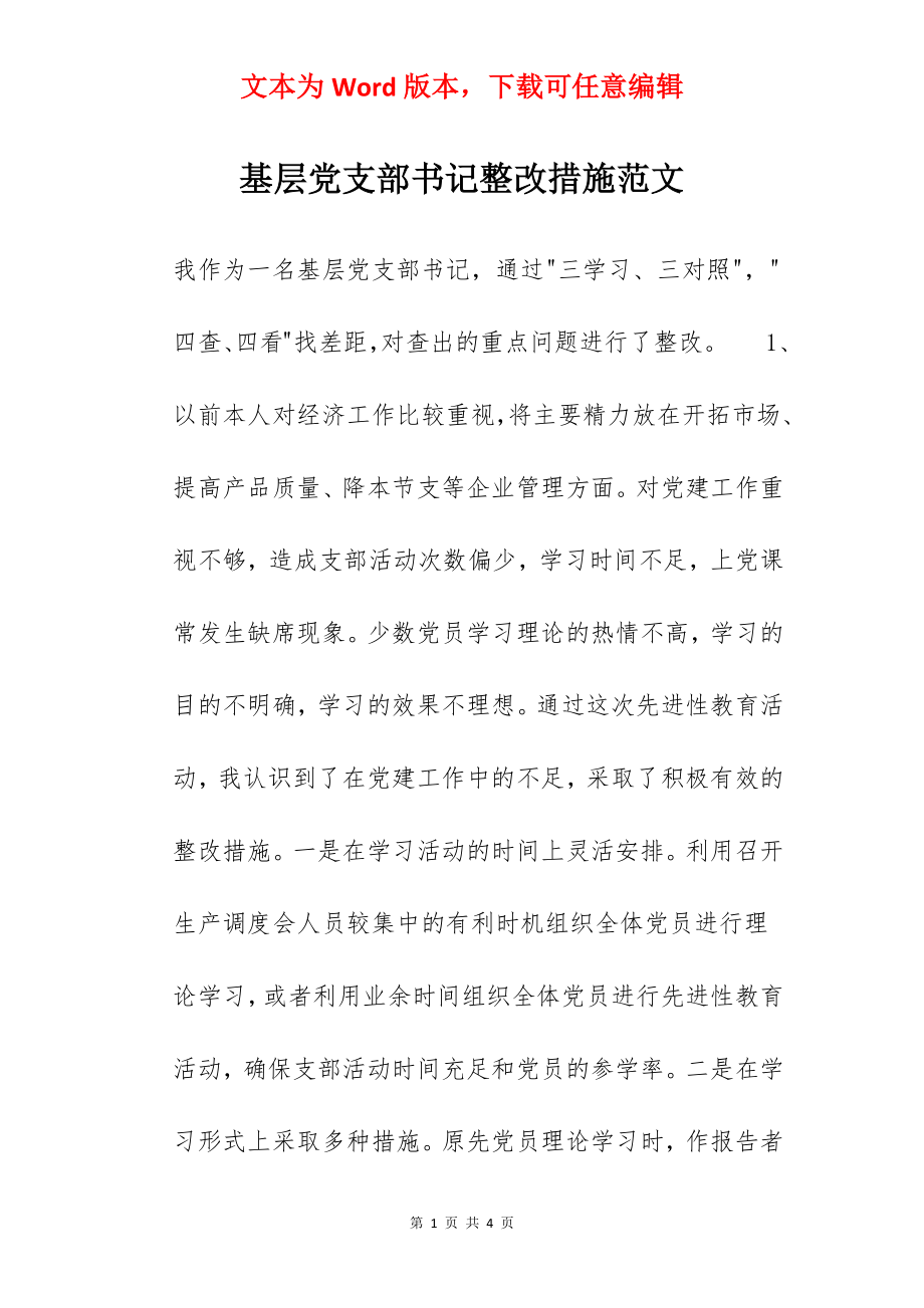 基层党支部书记整改措施范文.docx_第1页