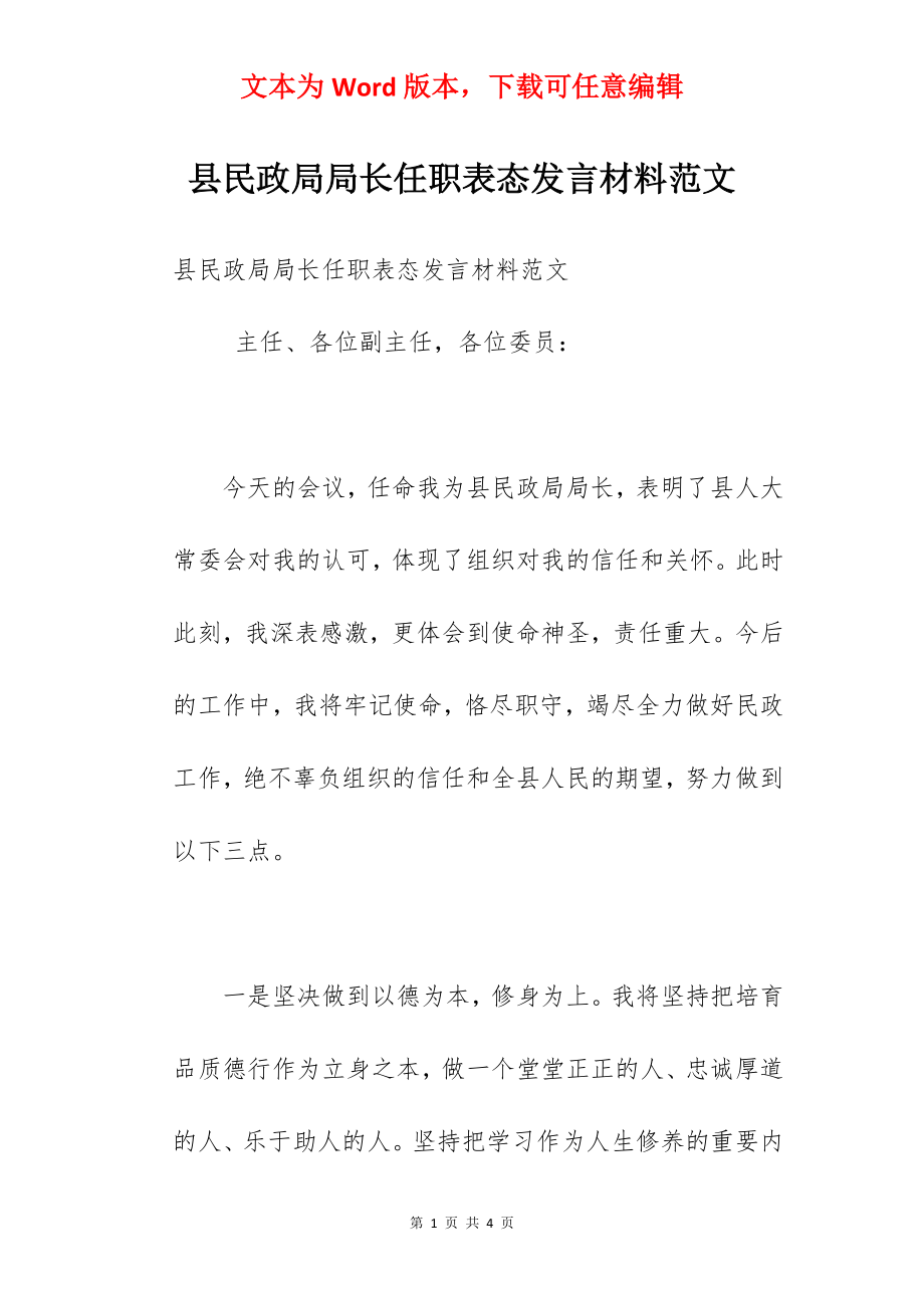 县民政局局长任职表态发言材料范文.docx_第1页