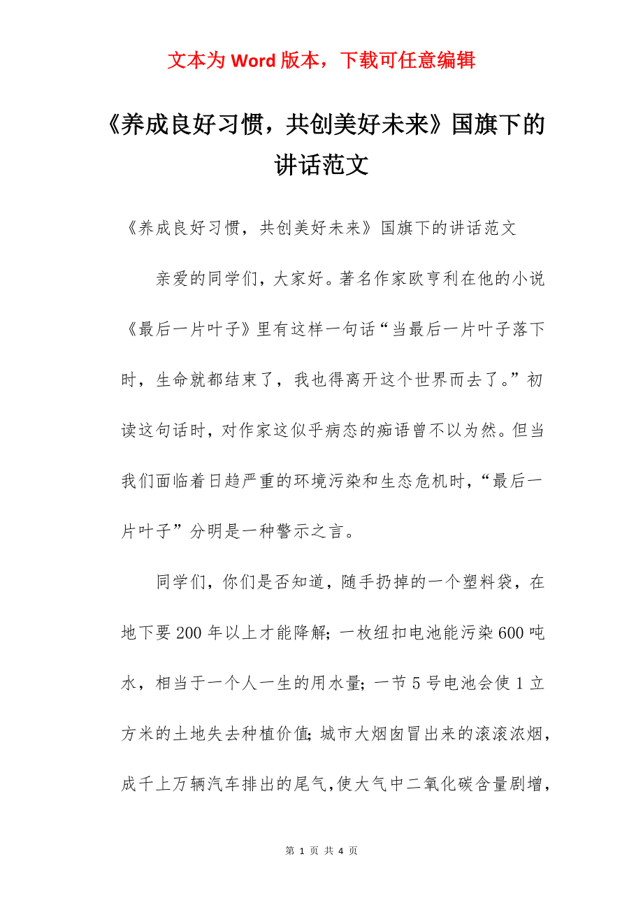 《养成良好习惯共创美好未来》国旗下的讲话范文.docx_第1页