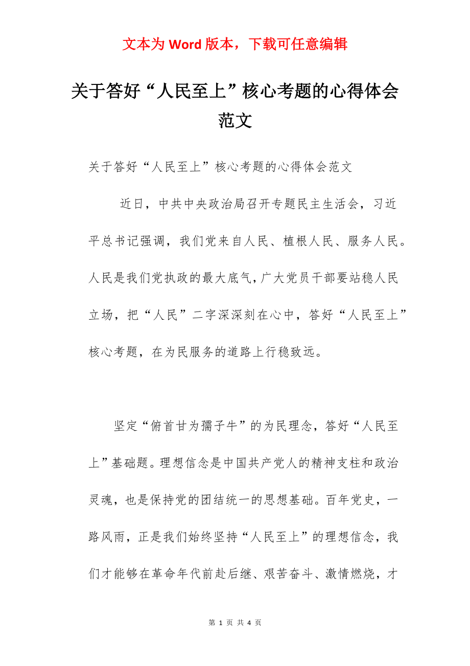 关于答好“人民至上”核心考题的心得体会范文.docx_第1页