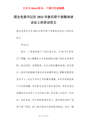 国企党委书记在2022年新任职干部集体谈话会上的讲话范文.docx