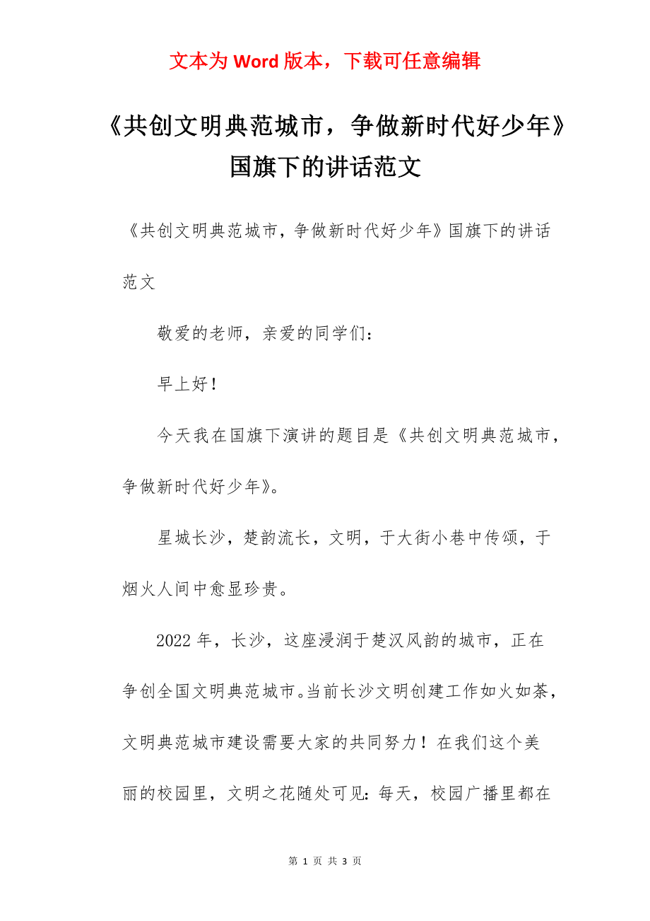 《共创文明典范城市争做新时代好少年》国旗下的讲话范文.docx_第1页