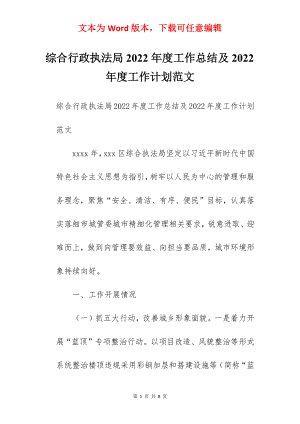 综合行政执法局2022年度工作总结及2022年度工作计划范文.docx