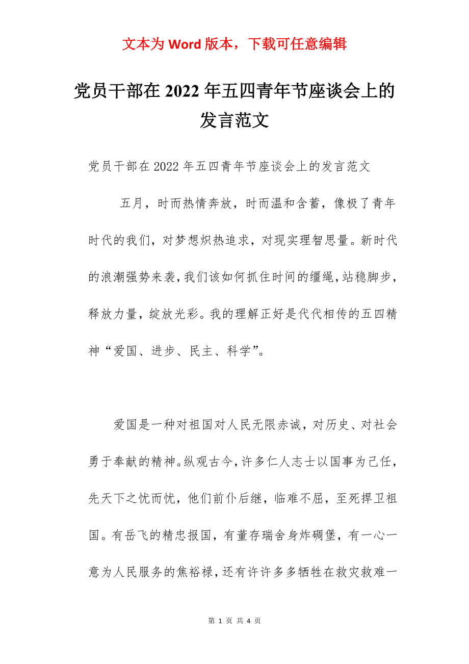 党员干部在2022年五四青年节座谈会上的发言范文.docx_第1页