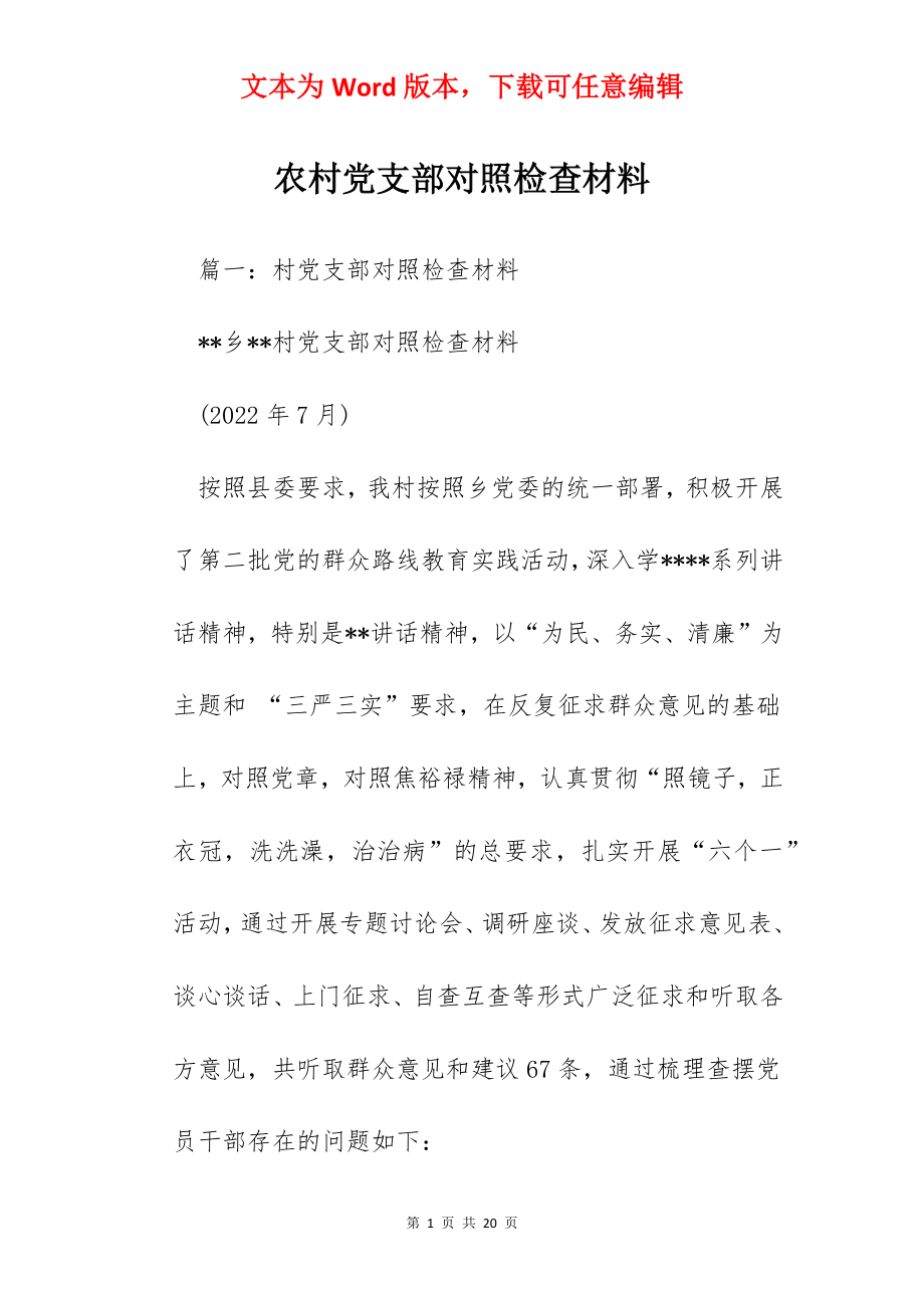 农村党支部对照检查材料.docx_第1页