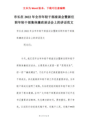 市长在2022年全市年轻干部座谈会暨新任职年轻干部集体廉政谈话会上的讲话范文.docx