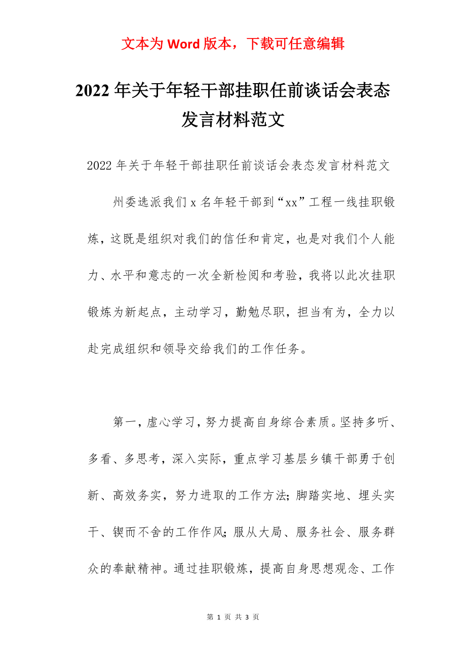 2022年关于年轻干部挂职任前谈话会表态发言材料范文.docx_第1页