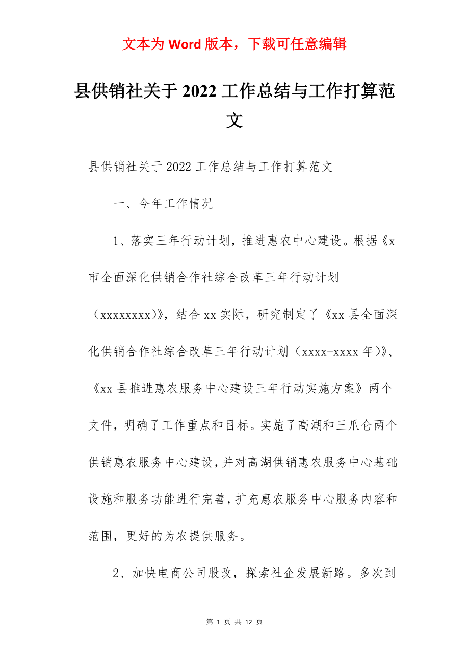 县供销社关于2022工作总结与工作打算范文.docx_第1页