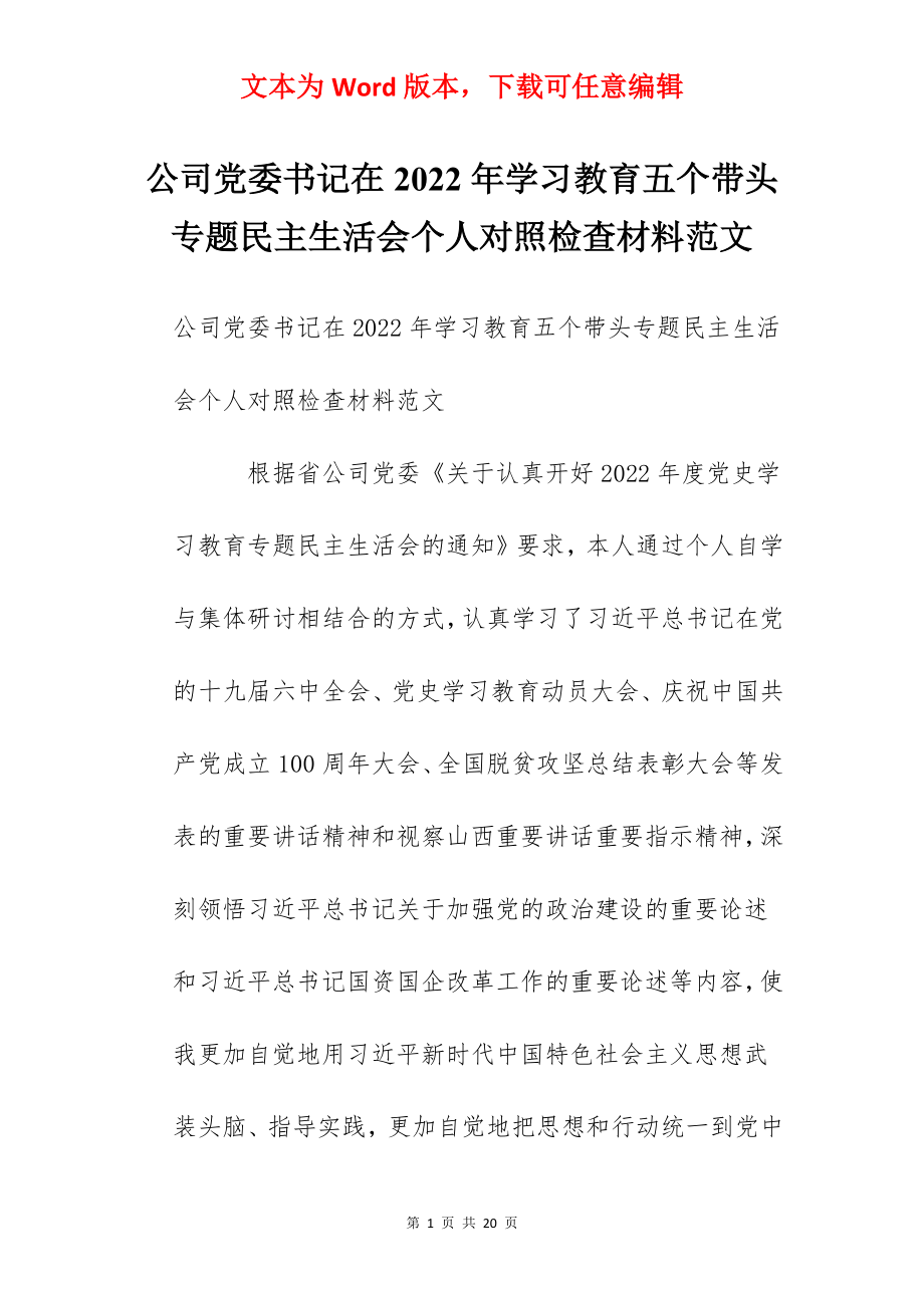 公司党委书记在2022年学习教育五个带头专题民主生活会个人对照检查材料范文.docx_第1页