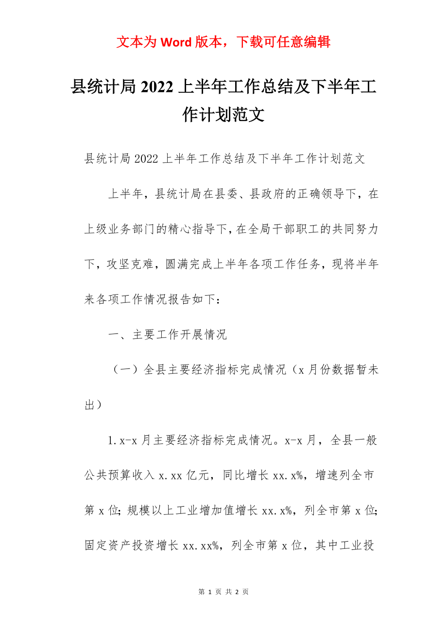 县统计局2022上半年工作总结及下半年工作计划范文.docx_第1页