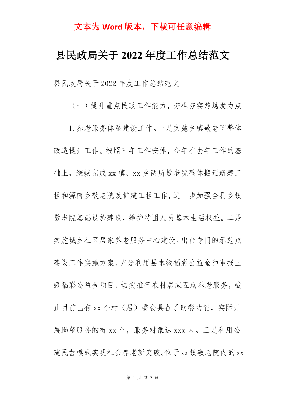 县民政局关于2022年度工作总结范文.docx_第1页