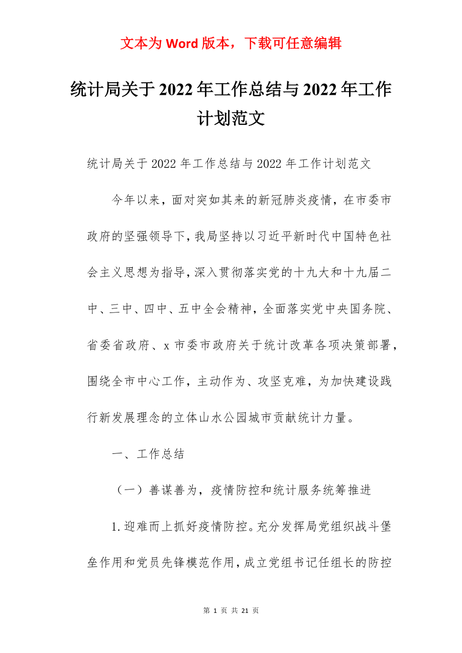 统计局关于2022年工作总结与2022年工作计划范文.docx_第1页