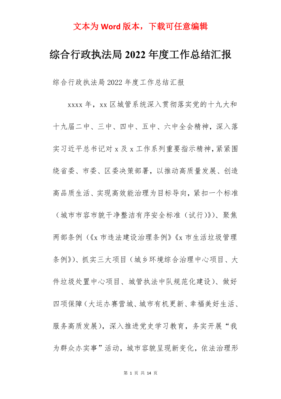 综合行政执法局2022年度工作总结汇报.docx_第1页