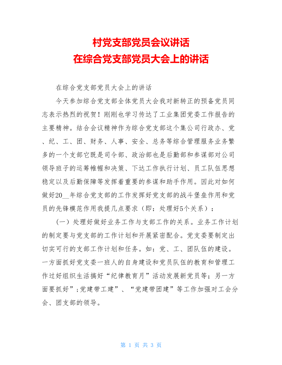 村党支部党员会议讲话 在综合党支部党员大会上的讲话.doc_第1页