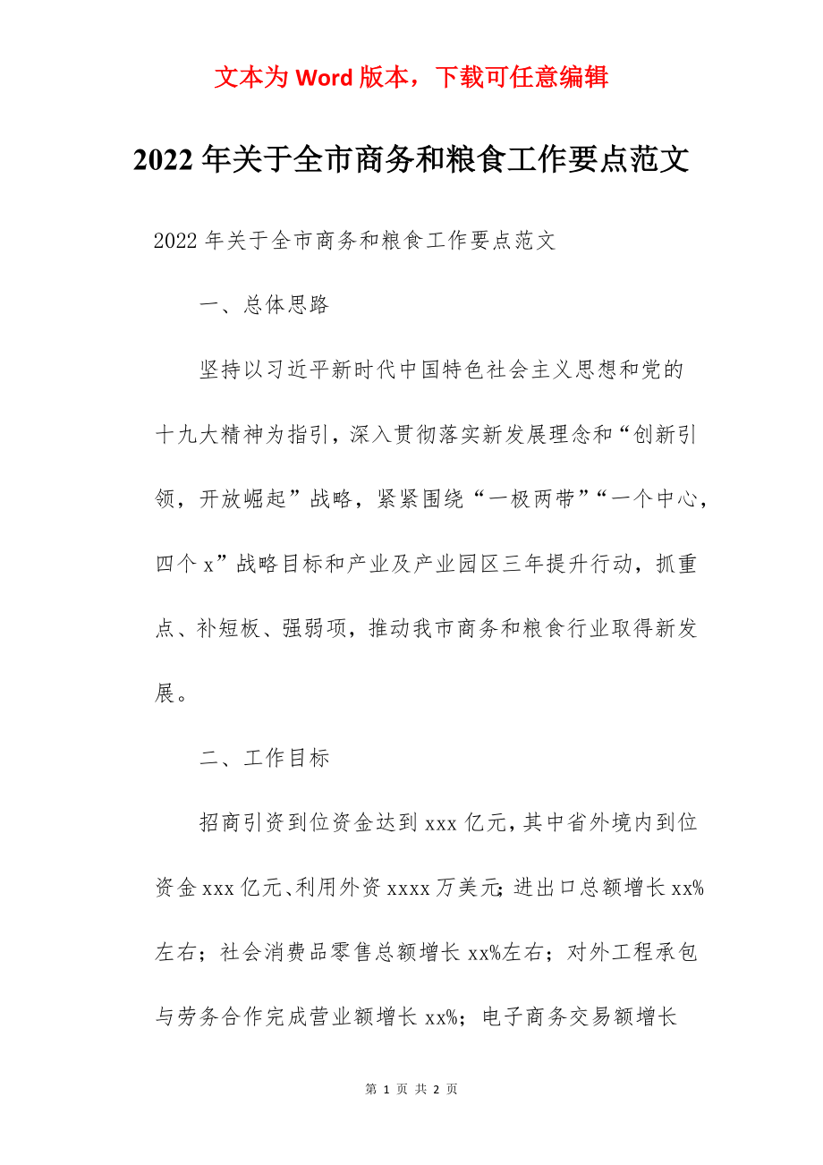 2022年关于全市商务和粮食工作要点范文.docx_第1页