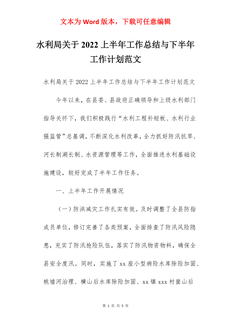 水利局关于2022上半年工作总结与下半年工作计划范文.docx_第1页