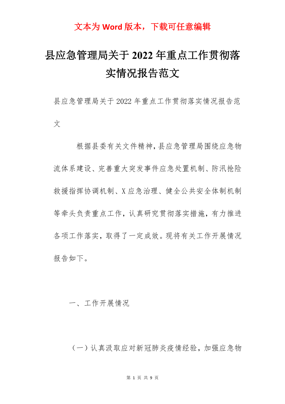 县应急管理局关于2022年重点工作贯彻落实情况报告范文.docx_第1页